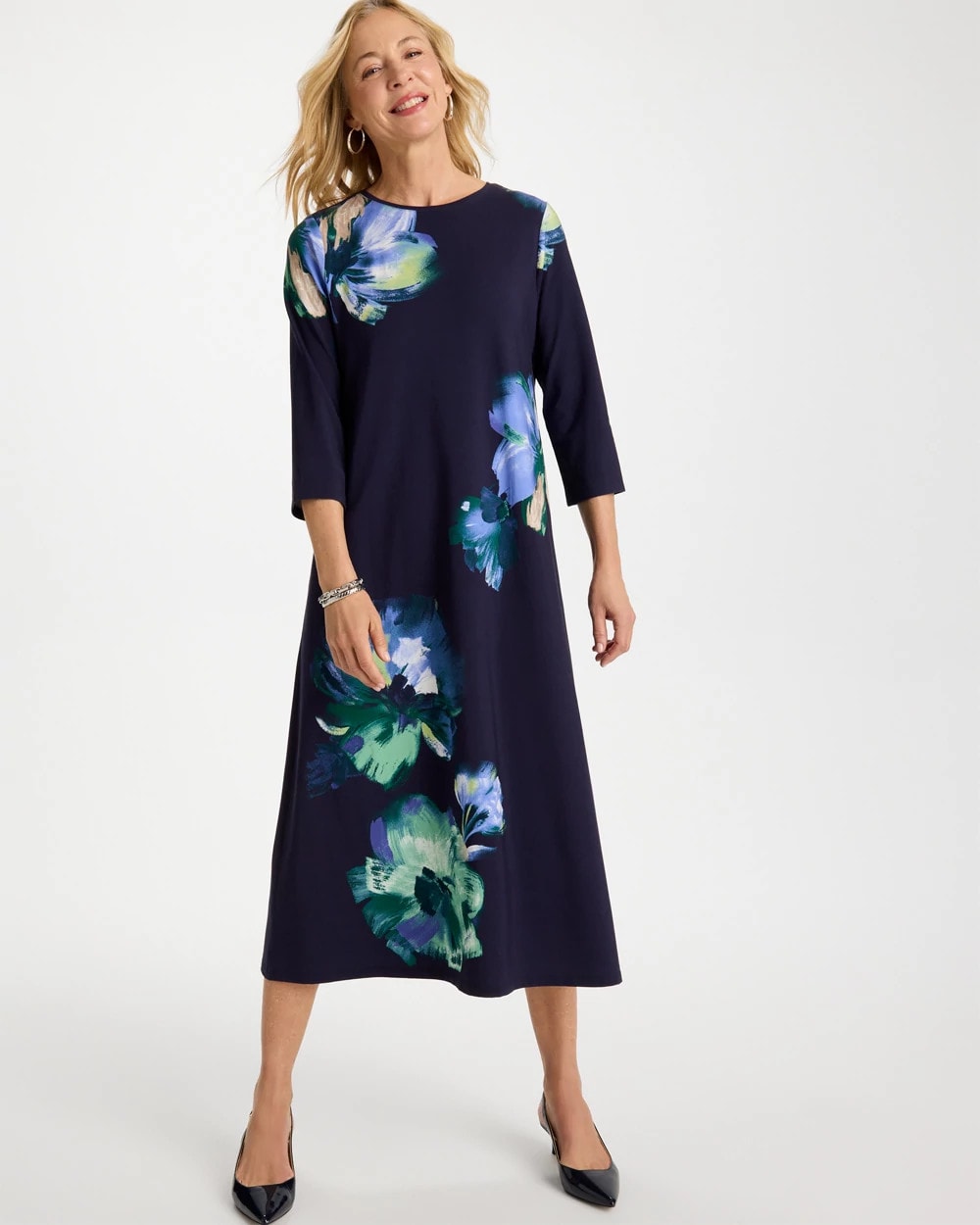 Passport Blue Floral 3/4 Sleeve Maxi Dress