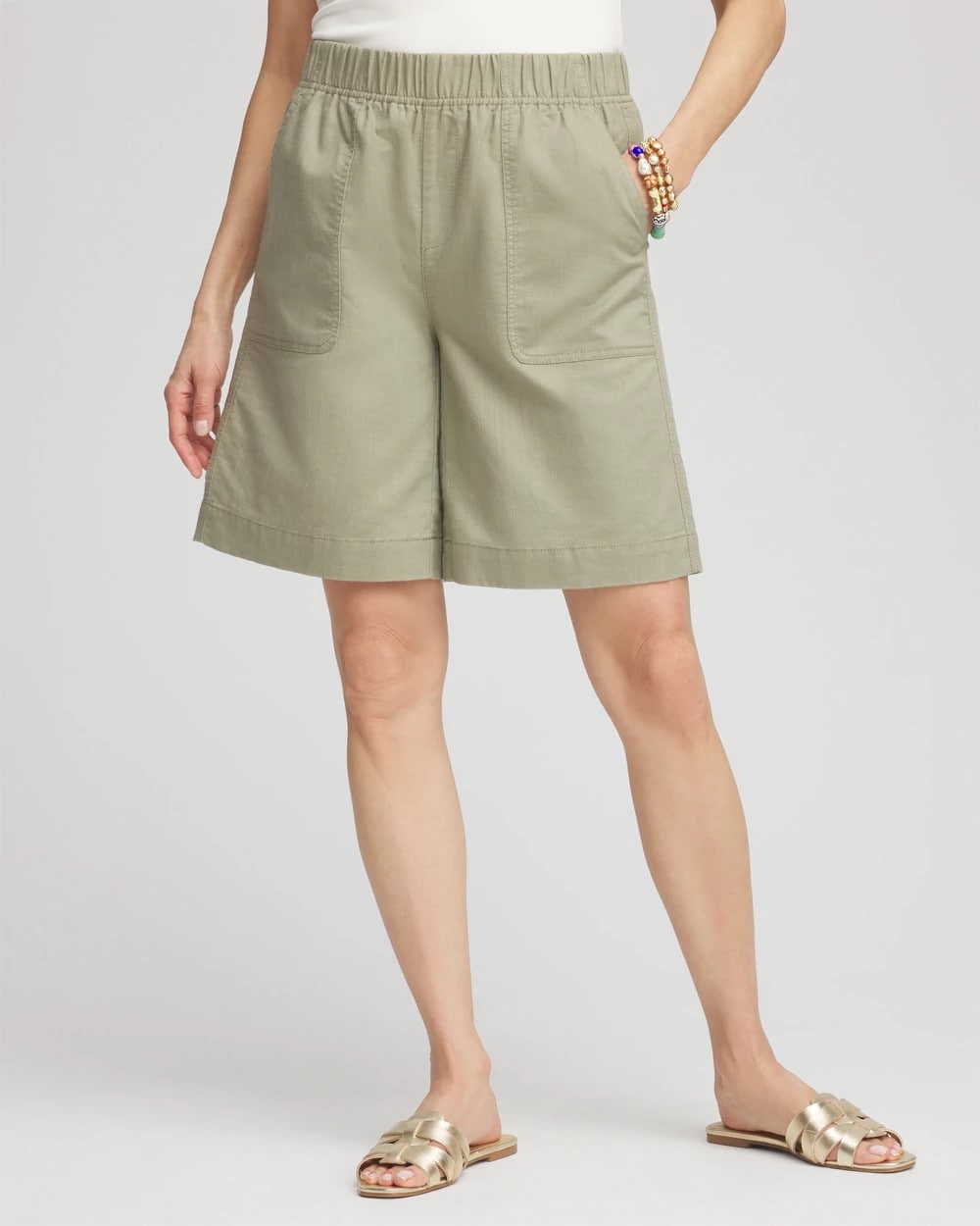 Washed Sage Cotton-Linen Pull-On Utility Shorts