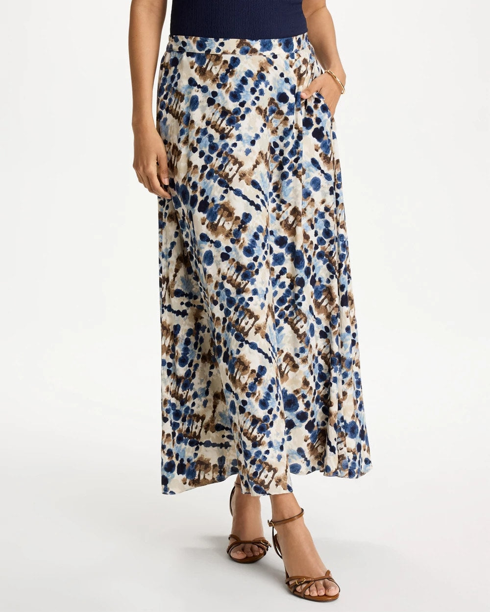 Passport Blue Faux Silk Printed Maxi Skirt