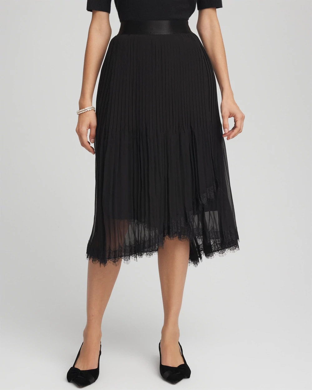 Black Pleated Lace Hem Midi Skirt