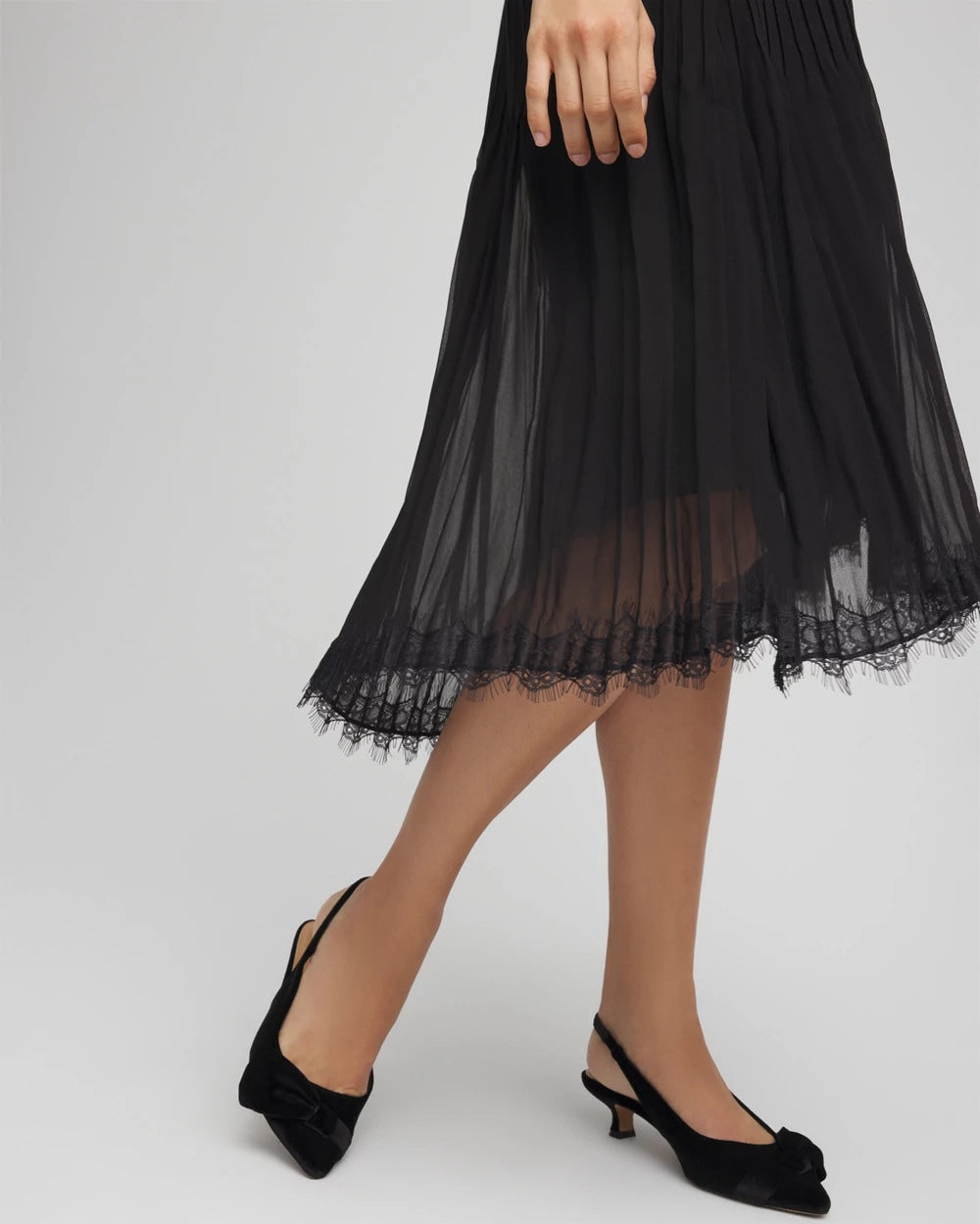 Black Pleated Lace Hem Midi Skirt