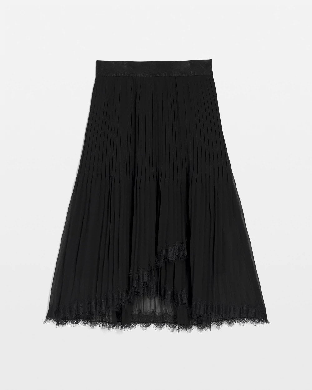 Black Pleated Lace Hem Midi Skirt