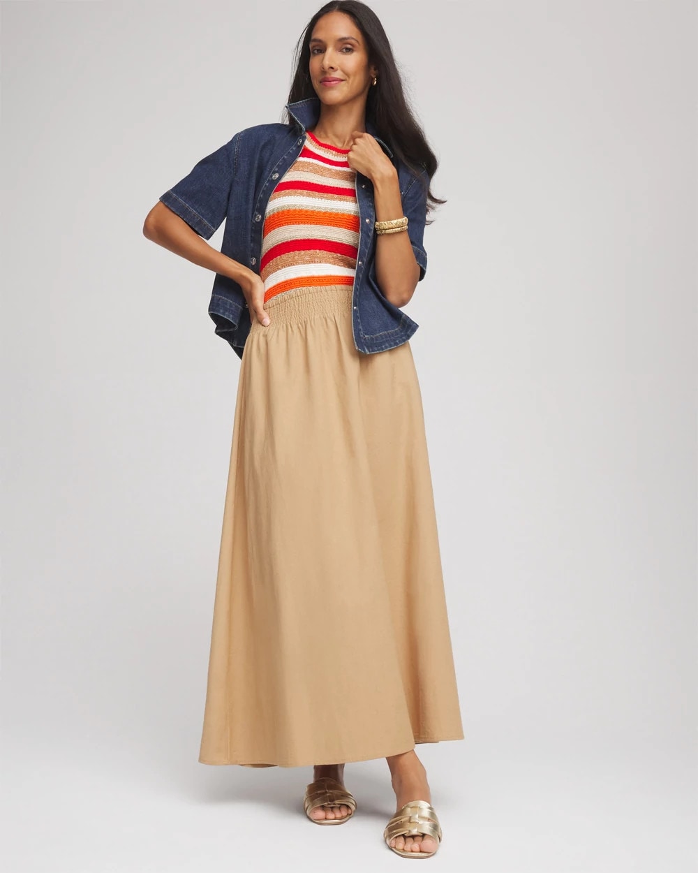 Cafe Aroma Smocked Pull-On Midi Skirt