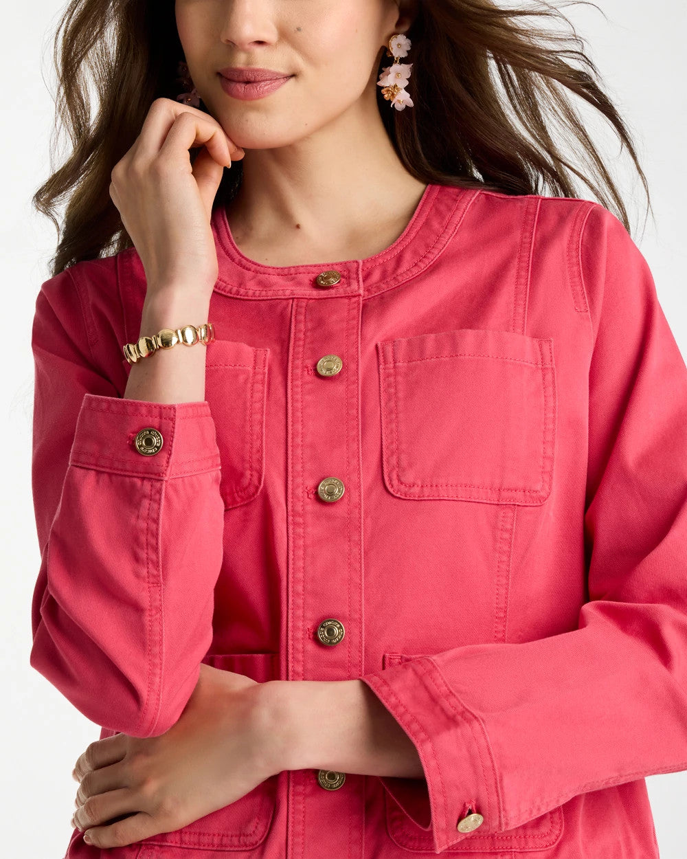 Hot Honeysuckle Collarless Twill Box Jacket