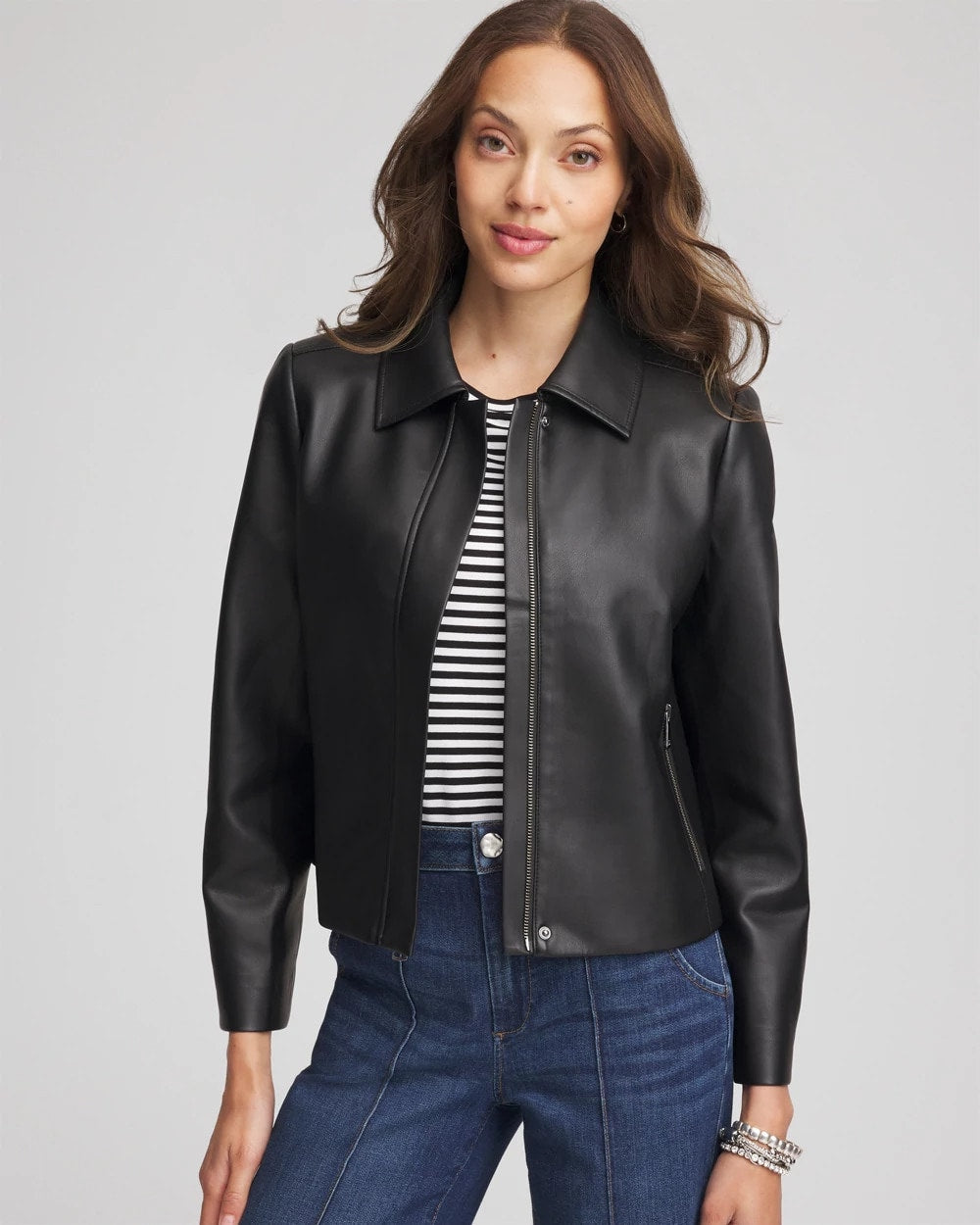 Black Faux Leather Zip-Front Jacket