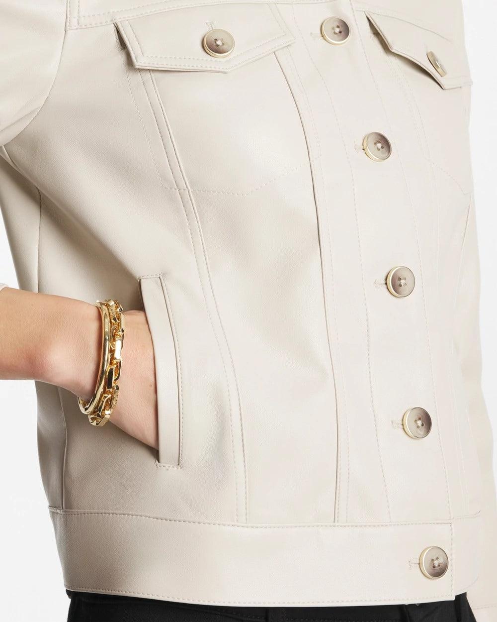 White Truffle Faux Leather Trucker Jacket