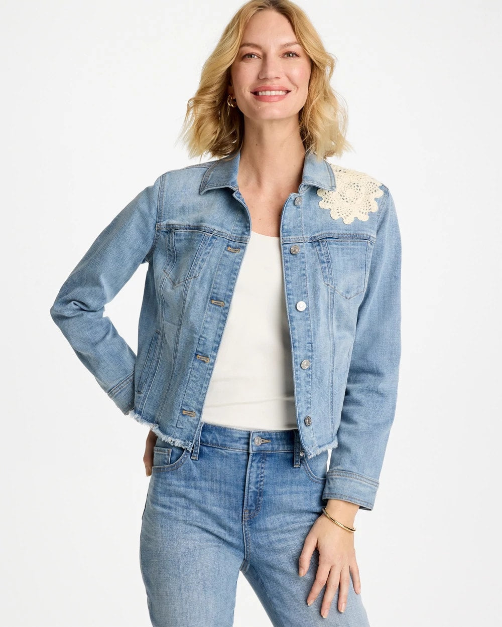 Coral Reef Indigo Embroidered Frayed Denim Trucker Jacket