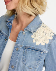 Coral Reef Indigo Embroidered Frayed Denim Trucker Jacket