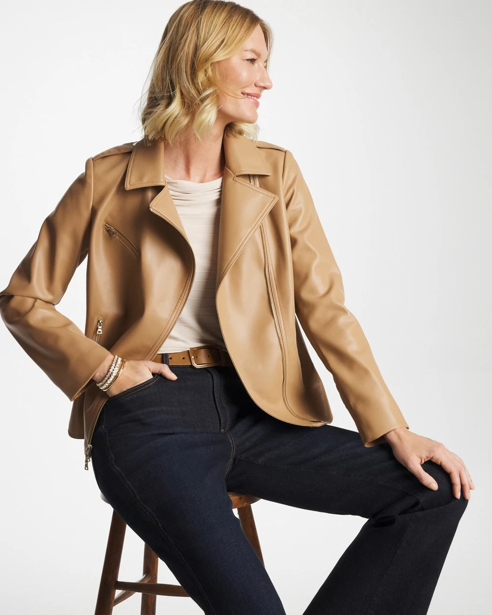Creme Coffee Faux Leather Moto Jacket