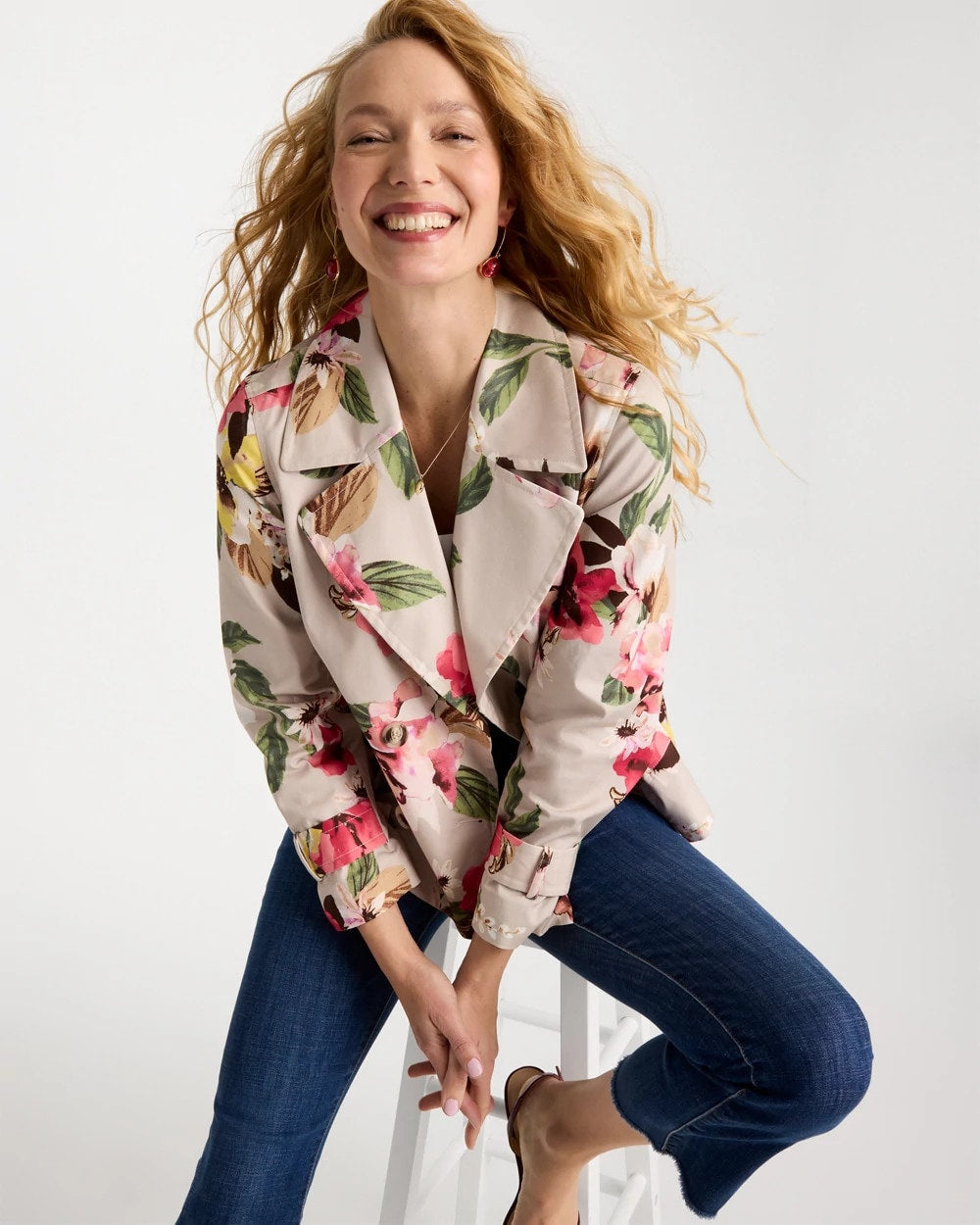 Smokey Taupe Cotton-Stretch Floral Trench Coat