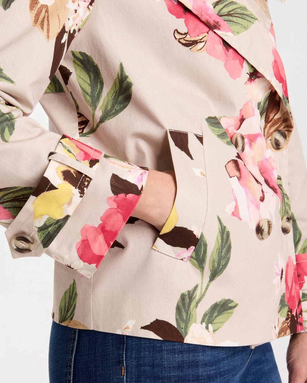 Smokey Taupe Cotton-Stretch Floral Trench Coat