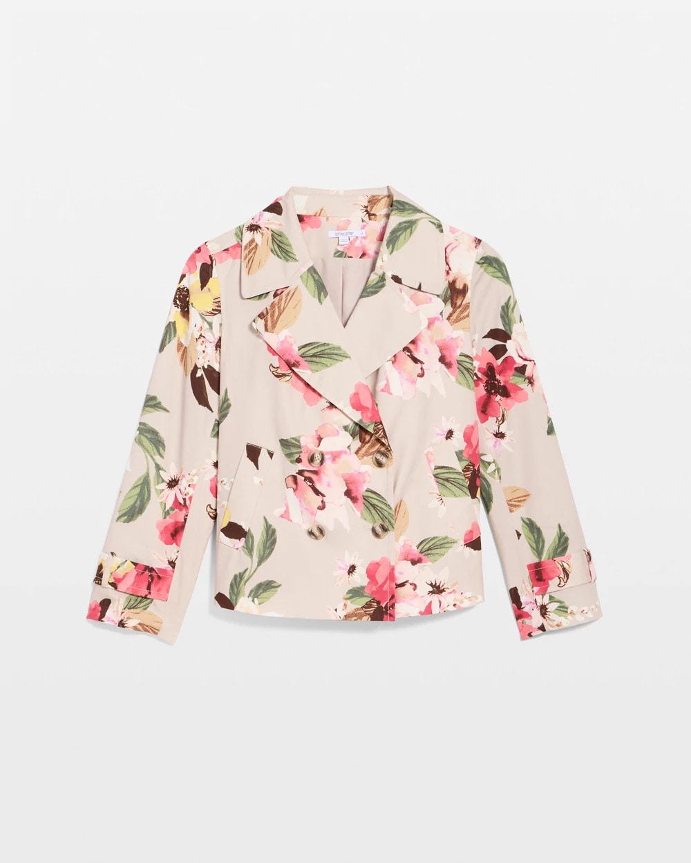 Smokey Taupe Cotton-Stretch Floral Trench Coat
