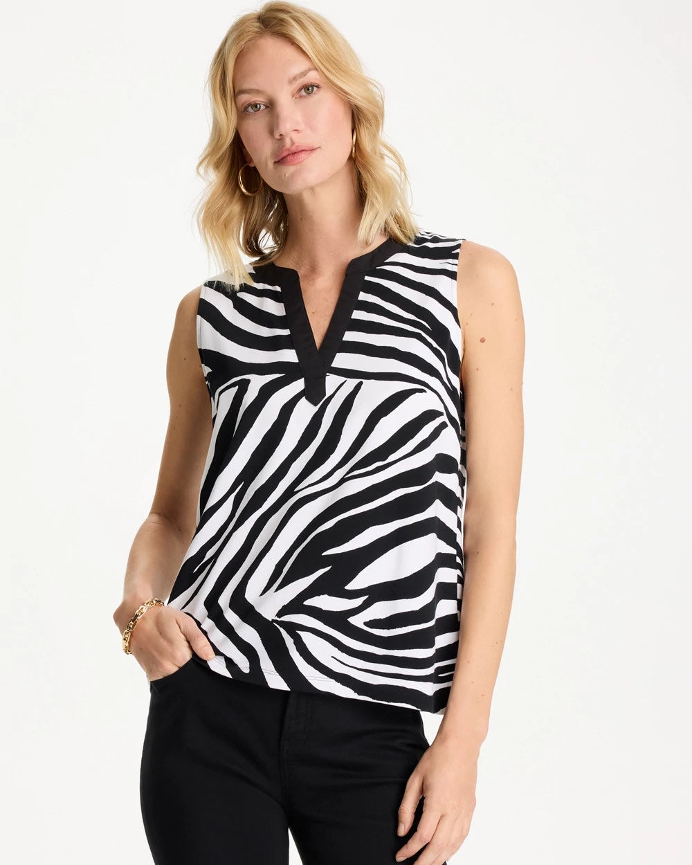 Black Zebra Cotton-Stretch Notch Neck Tank