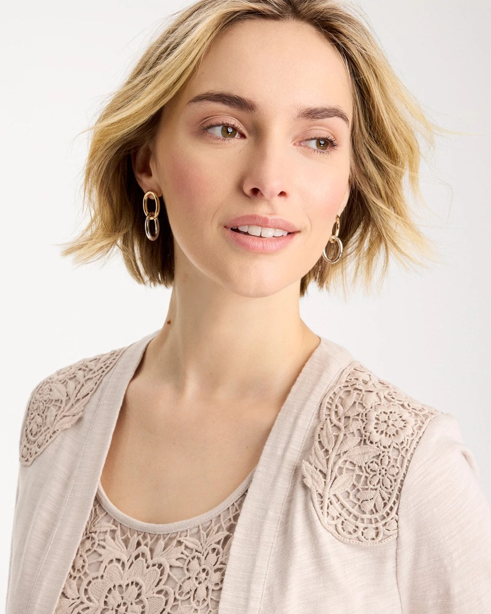 Smokey Taupe Embroidered Cotton Slub 3/4 Sleeve Cardigan
