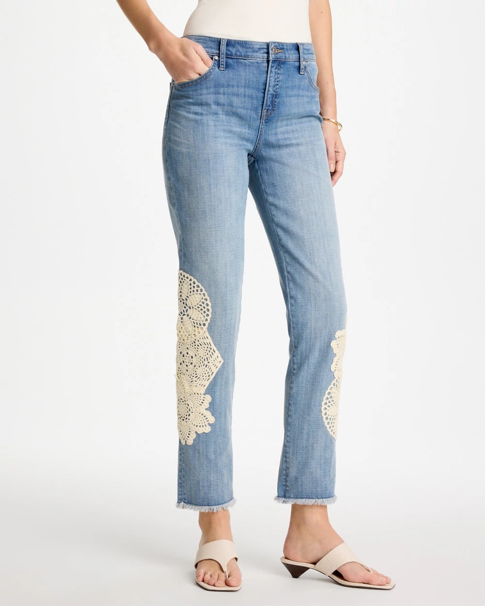 Coral Reef Indigo Girlfriend Slim Crochet Fray Ankle Jeans