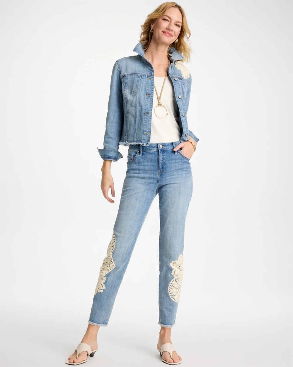 Coral Reef Indigo Girlfriend Slim Crochet Fray Ankle Jeans