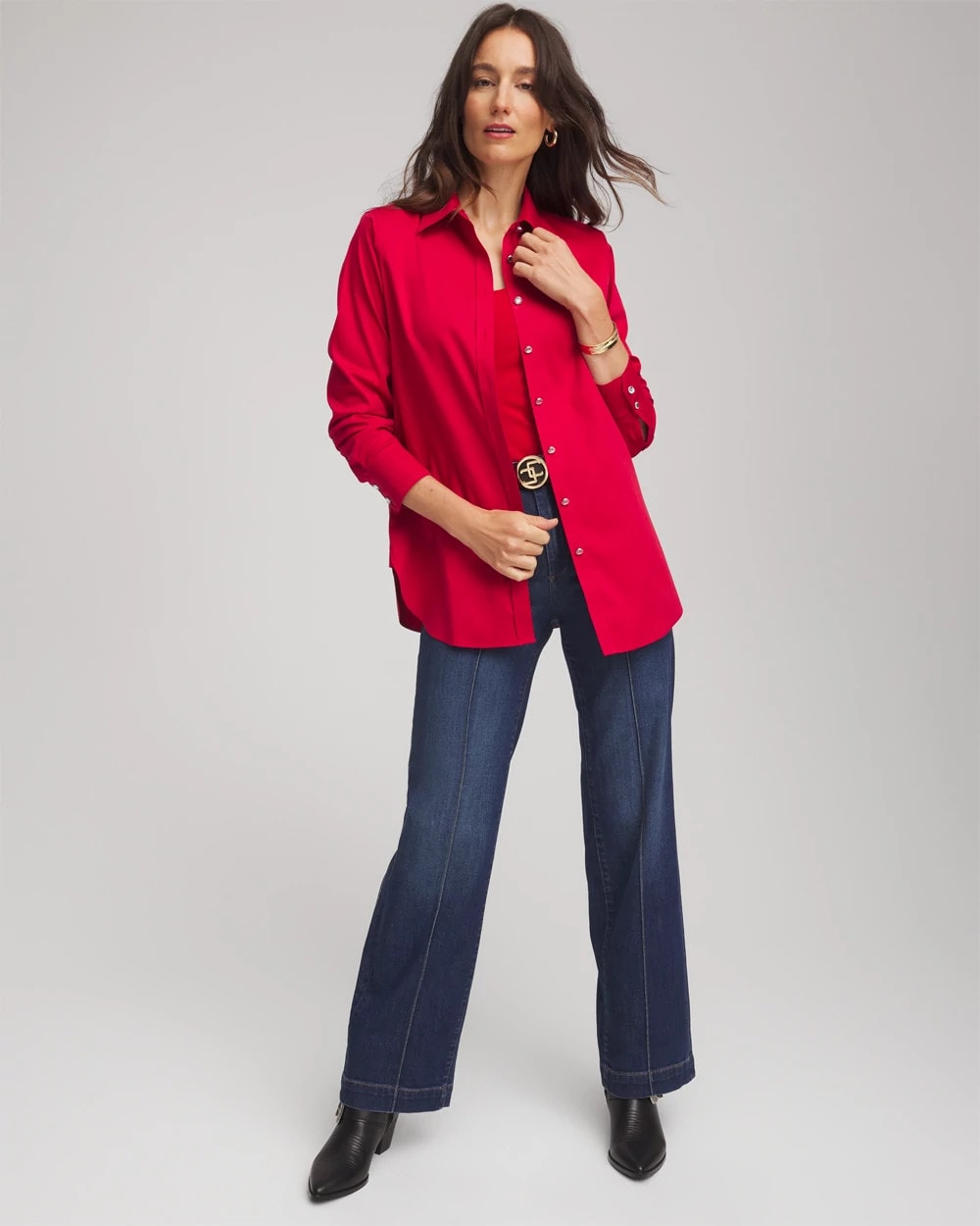 Carmine Red No Iron™ Rhinestone Button Shirt