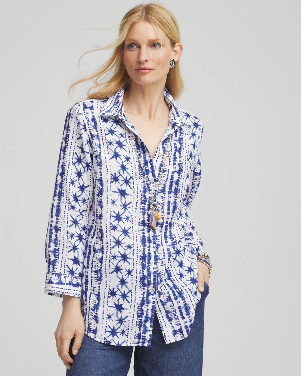 Rich Cobalt No Iron™ Star Print Linen Shirt