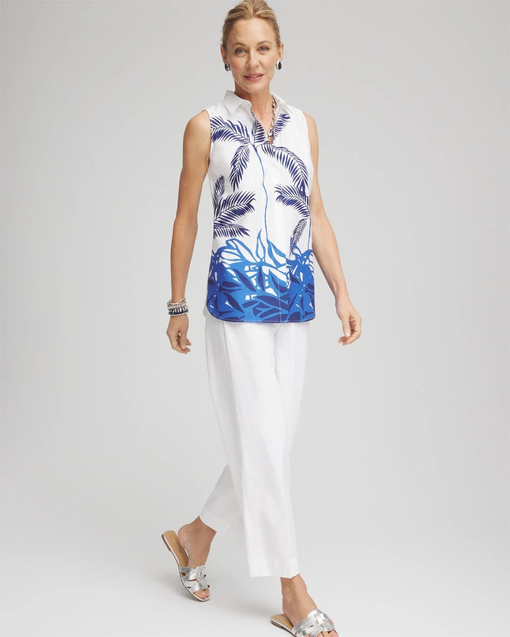 Blue Casa No Iron™ Palms Sleeveless Sateen Shirt