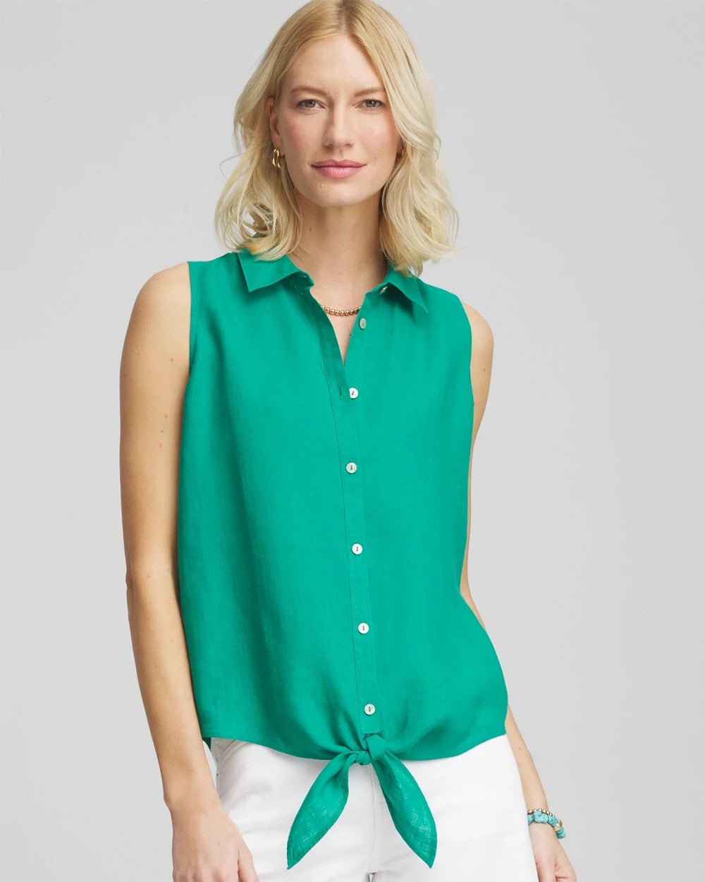 Eden Green No Iron™ Linen Tie-Front Sleeveless Shirt