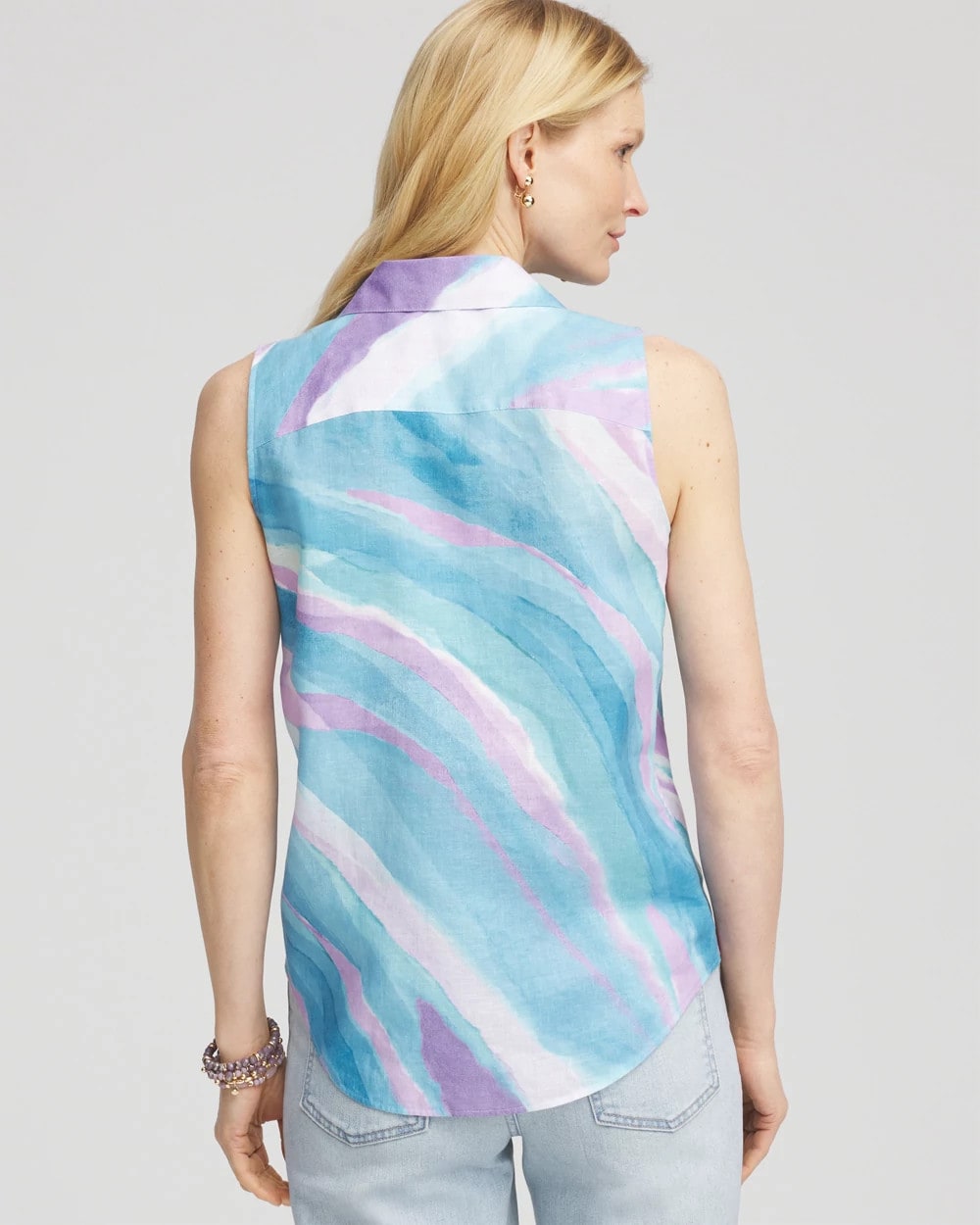 Paradiso Blue No Iron™ Linen Tie-Front Sleeveless Shirt