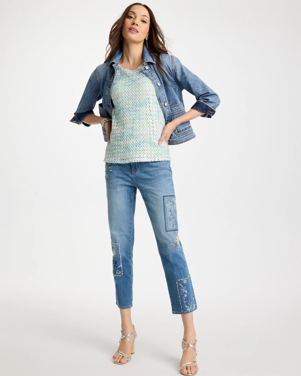 Aquamarine Indigo Floral Patchwork Girlfriend Crop Jeans