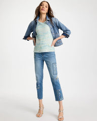 Aquamarine Indigo Floral Patchwork Girlfriend Crop Jeans