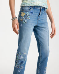 Aquamarine Indigo Floral Patchwork Girlfriend Crop Jeans