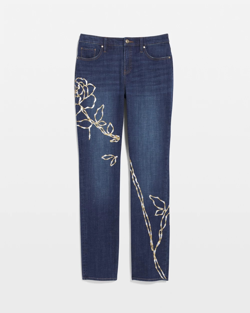 Sequoia Indigo Sequins Rose Girlfriend Slim-Leg Jeans
