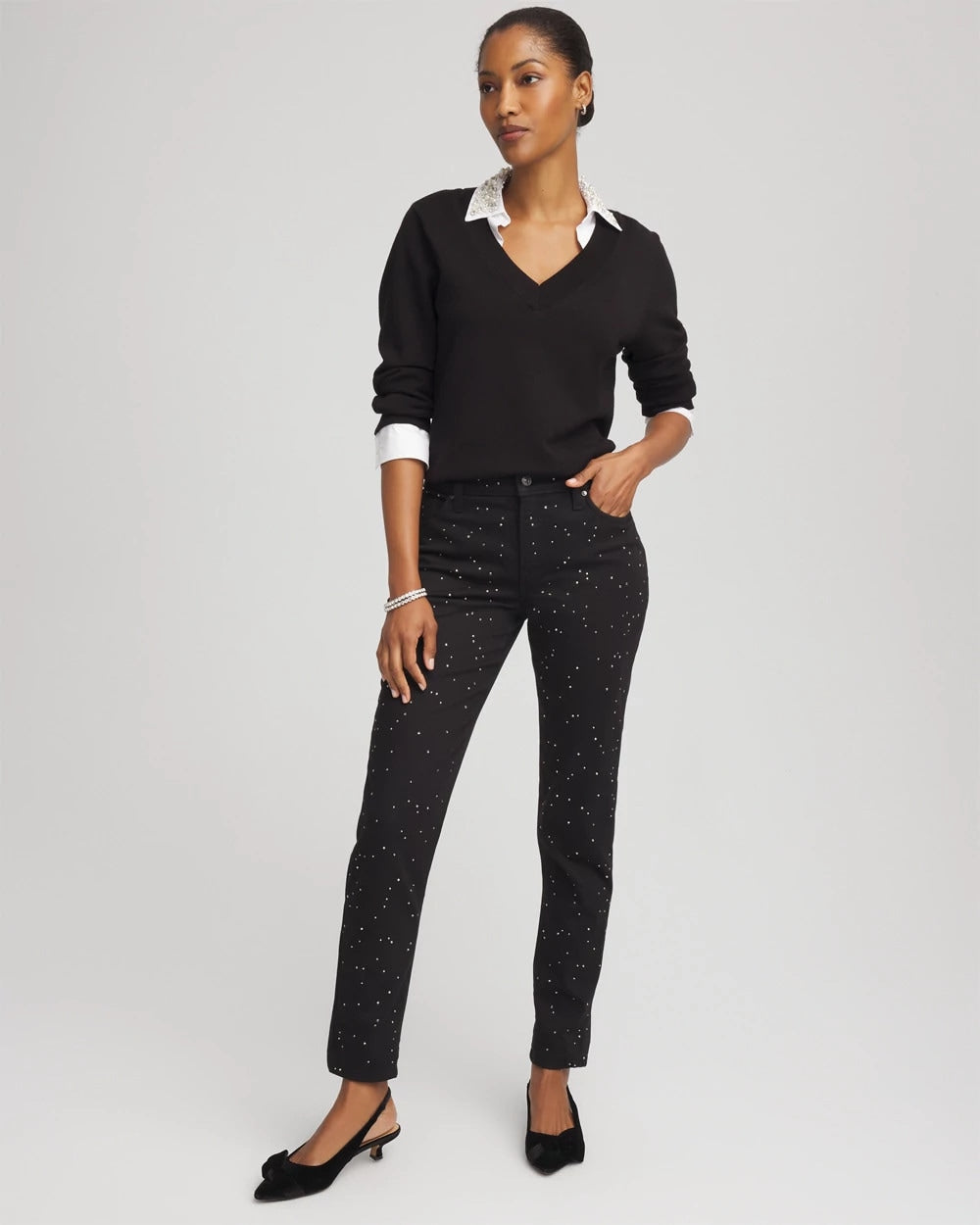 Black Stone Embellished Girlfriend Slim Ankle Jeans
