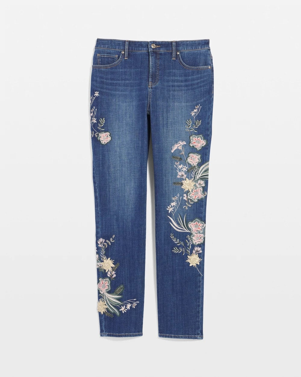 Dragon Road Indigo Appliqué Girlfriend Slim Ankle Jeans