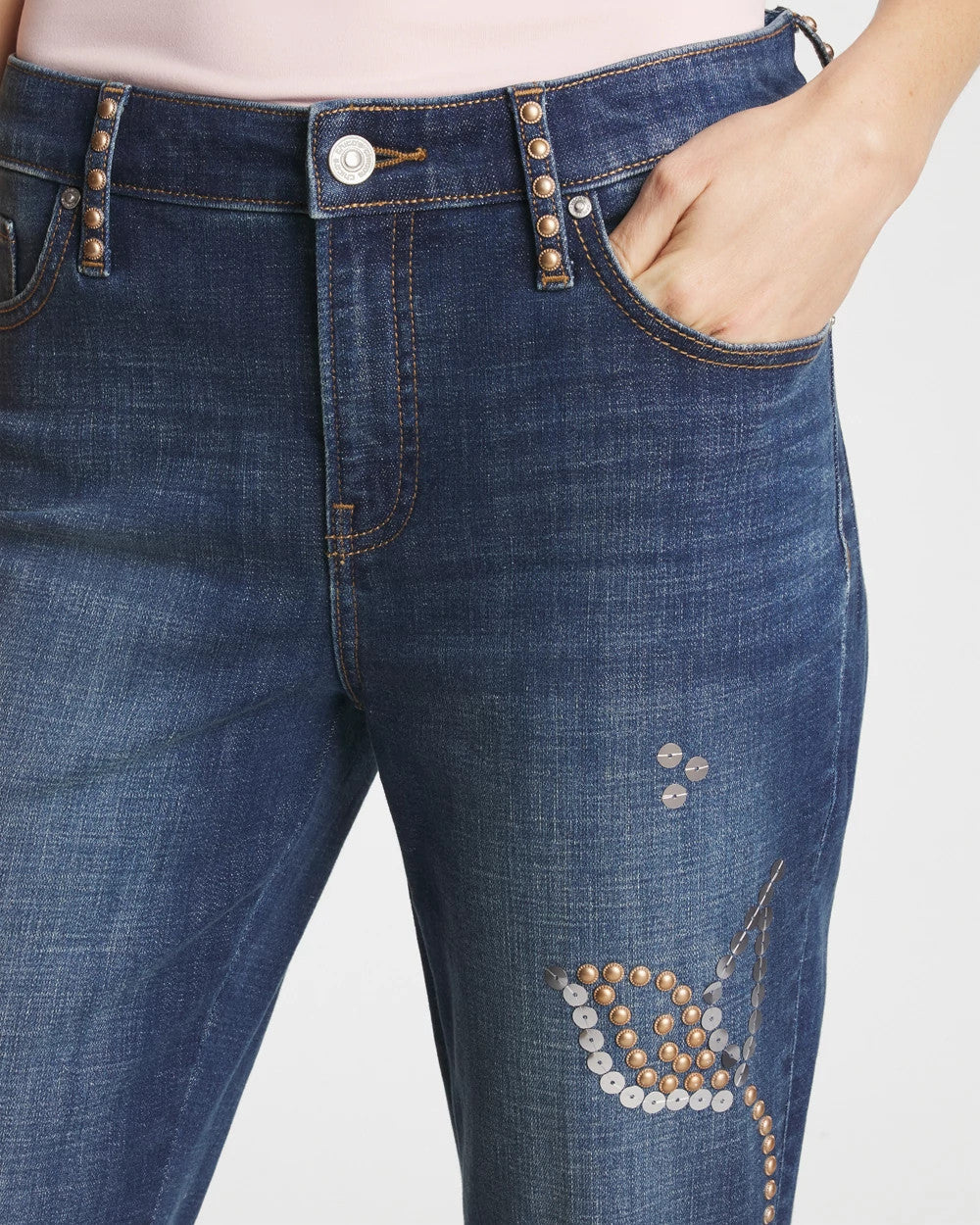 Spellbound Indigo Embellished Girlfriend Cropped Flared Jeans