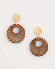 Brown Wood Carved Sun Drop Earrings