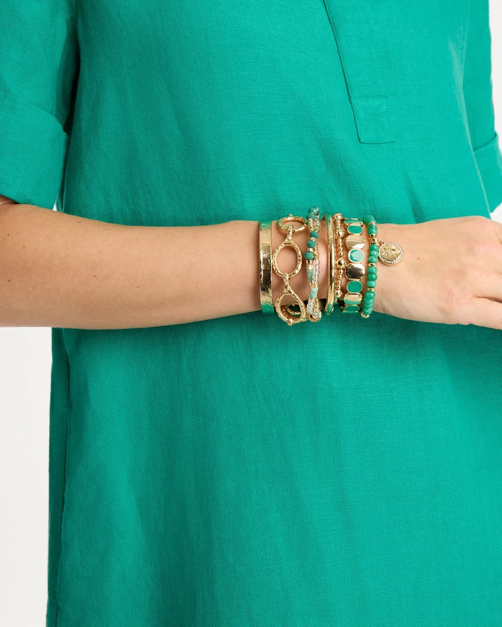 Green Green Goldtone Glam Stretch Bracelet