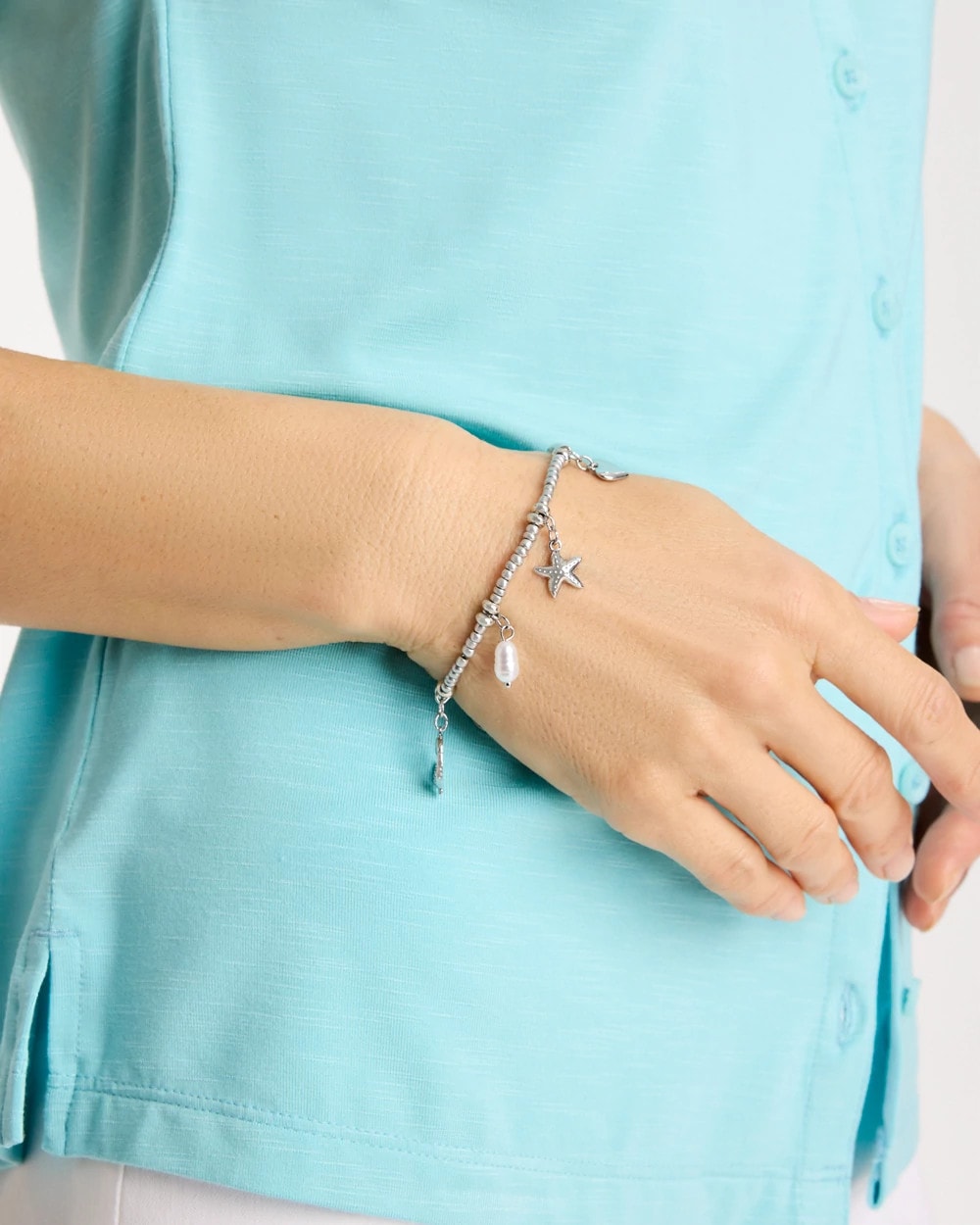 Silver Beachy Silvertone Stretch Charm Bracelet
