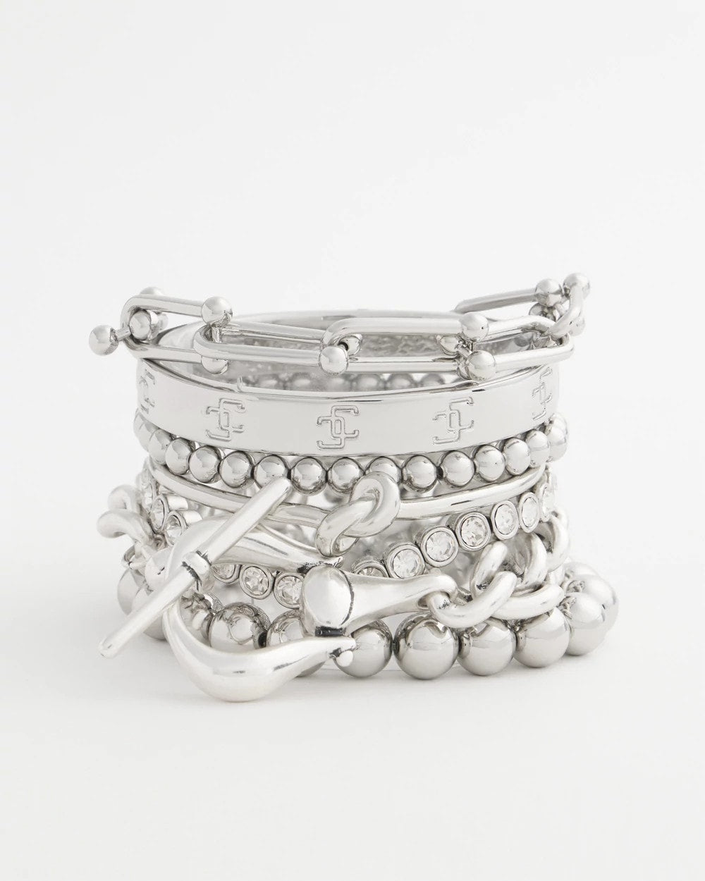 Silver Small Beaded Silver Tone Stretch Bracelet