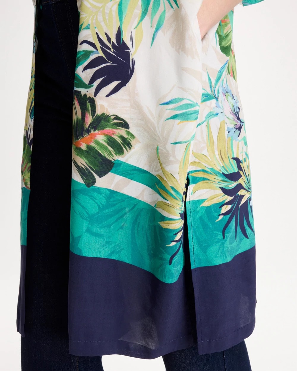 Topanga Green Printed Smocked Long Kimono