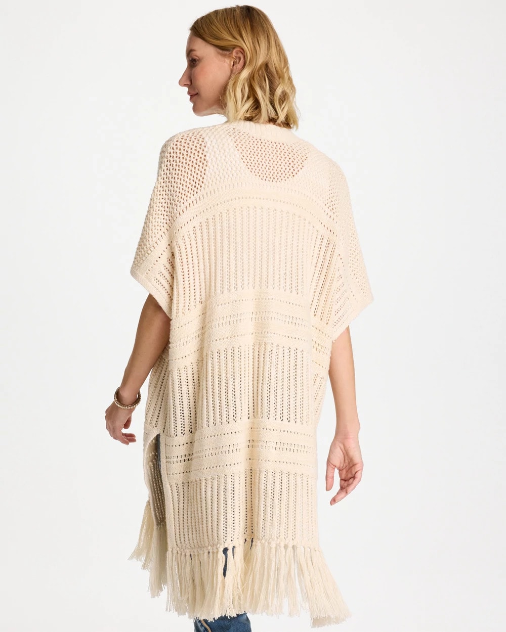 Cream Long Knit Fringe Ruana