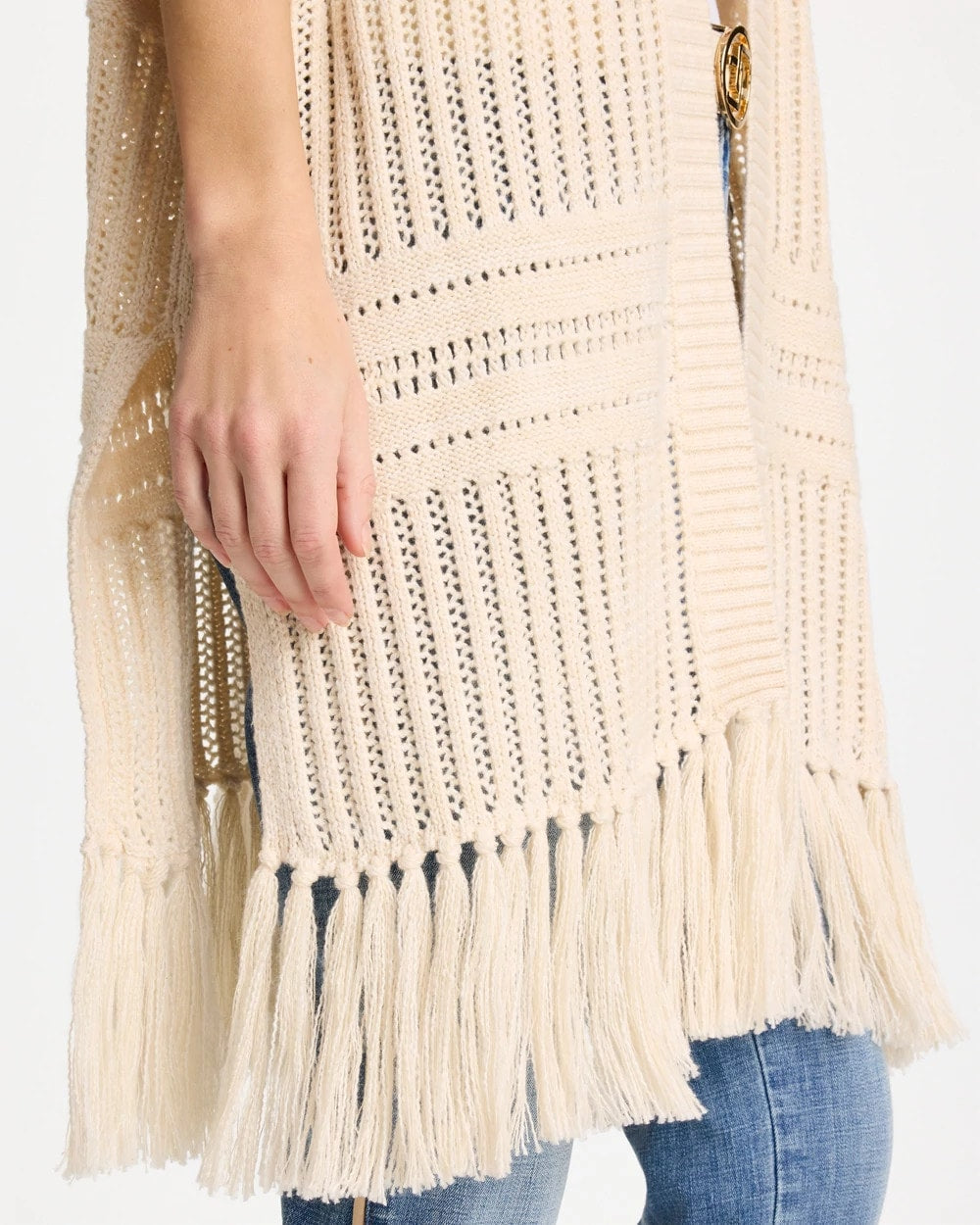 Cream Long Knit Fringe Ruana