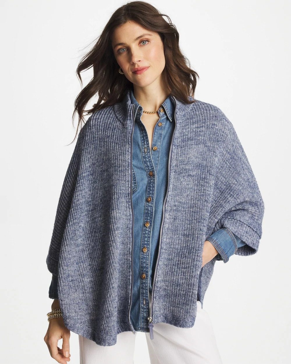Indigo Sky Heather Rounded Hem Zip-Front Ruana