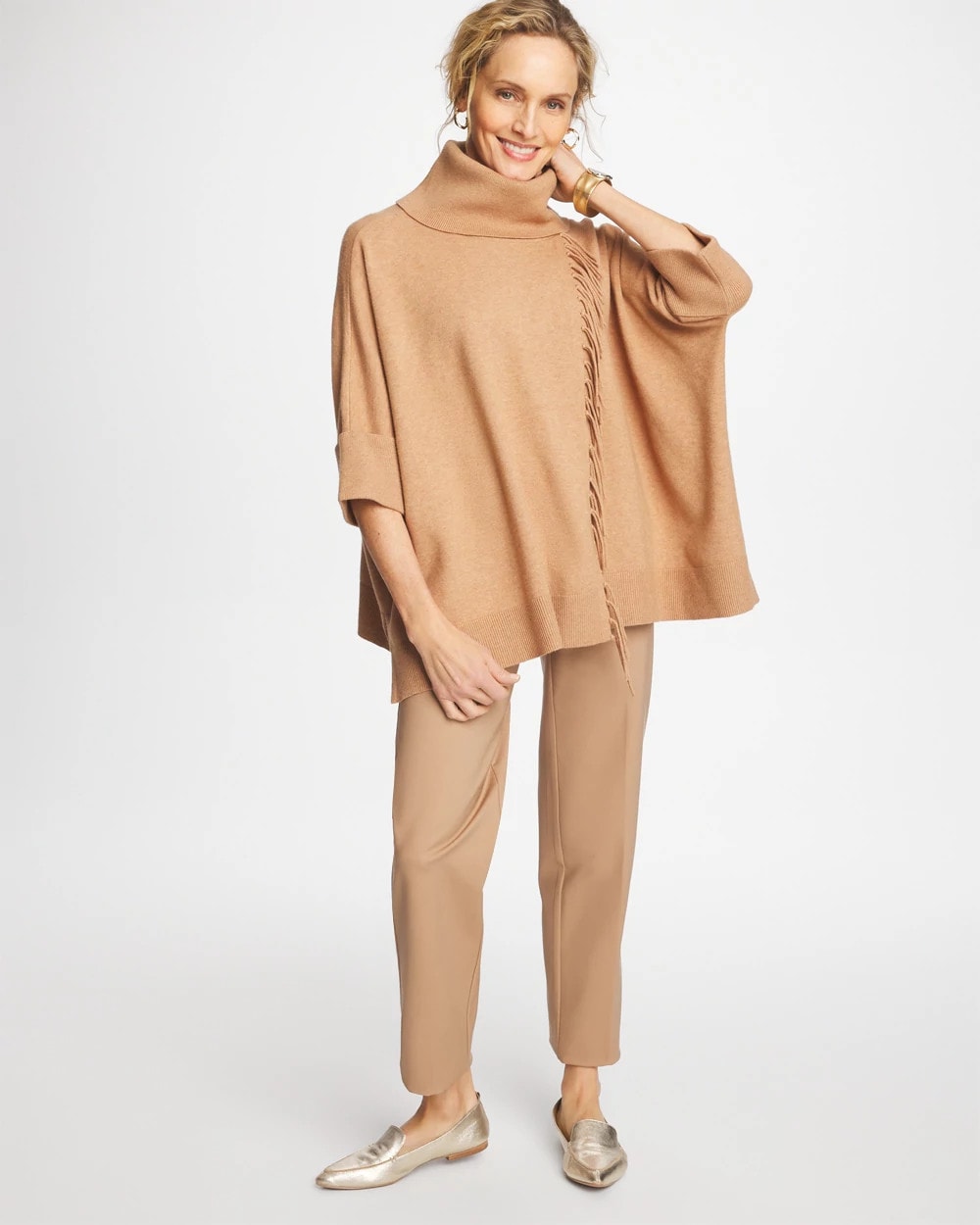 Faux Creme Coffee Heather Cowlneck Knit Fringe Poncho