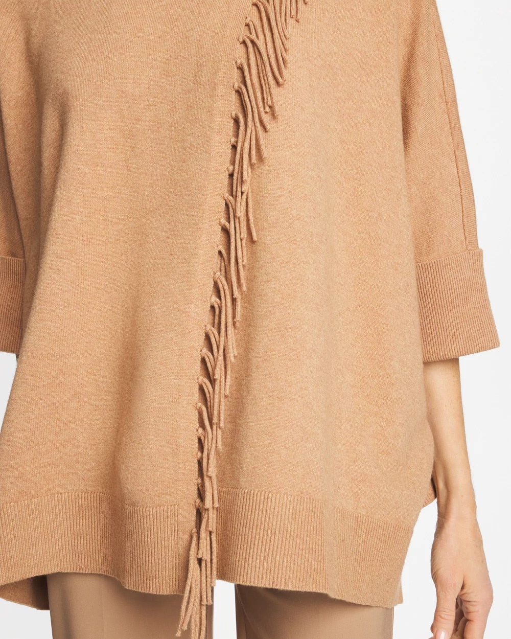 Faux Creme Coffee Heather Cowlneck Knit Fringe Poncho