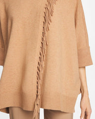 Faux Creme Coffee Heather Cowlneck Knit Fringe Poncho