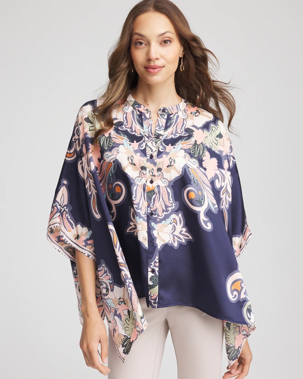 Passport Blue Collarless Floral-Paisley Poncho