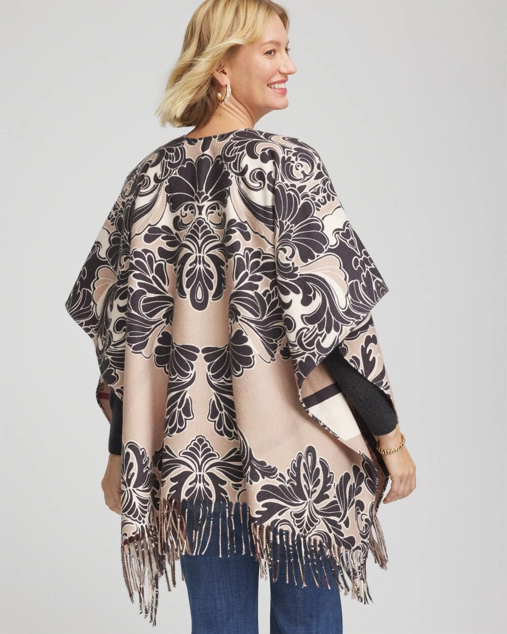 Champagne Fizz Reversible Printed Fringe Ruana