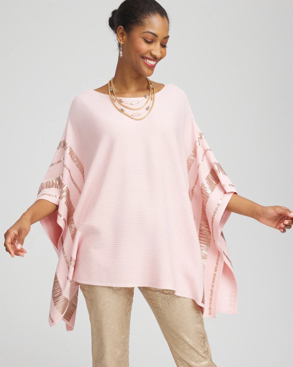Blushed Sequin Striped Sweater Poncho