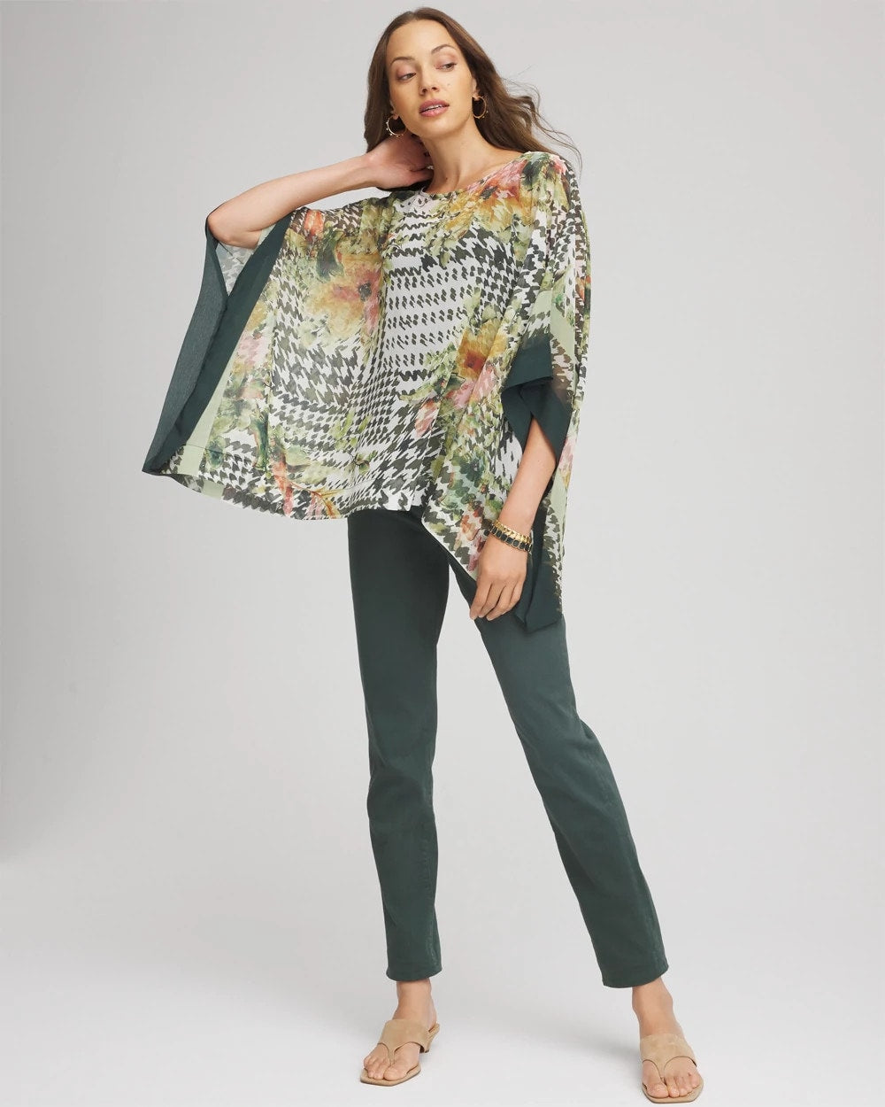 Nettle Leaf Printed Crinkle-Chiffon Pullover Poncho
