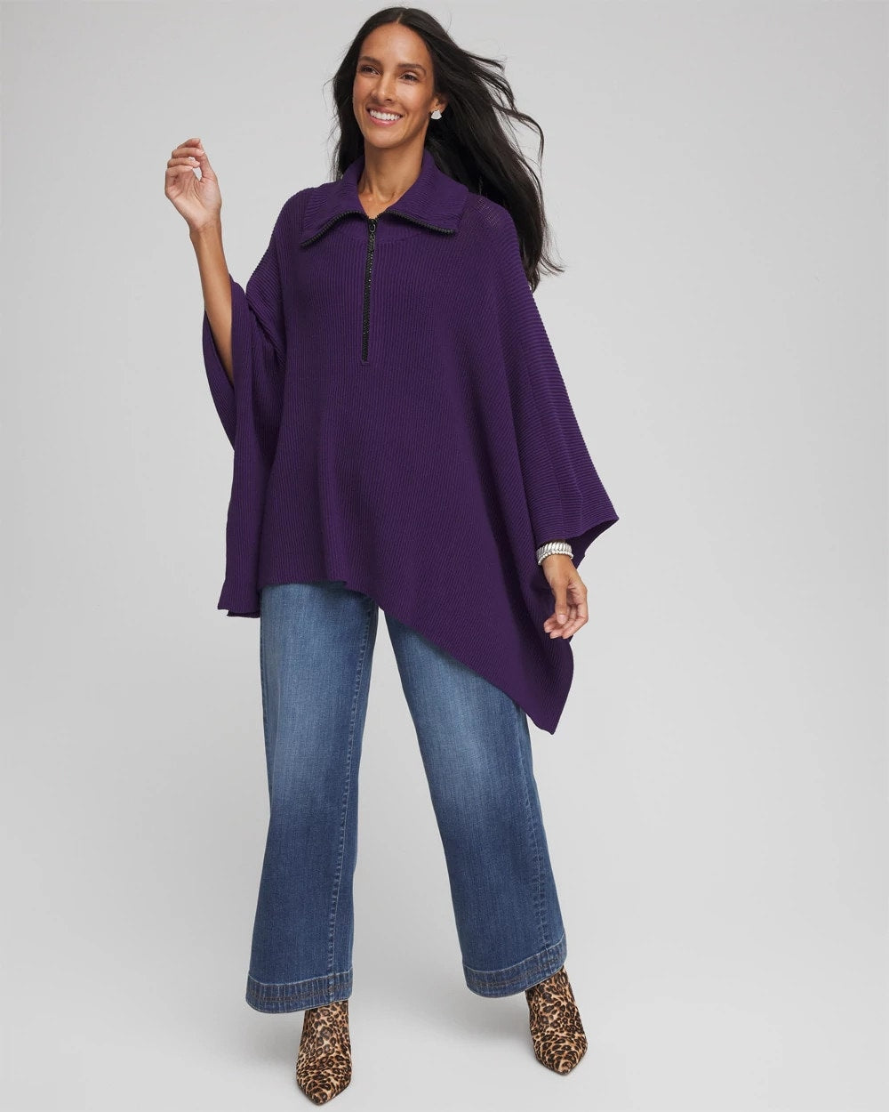 Purple Elixir Rhinestone Zip-Collar Sweater Poncho