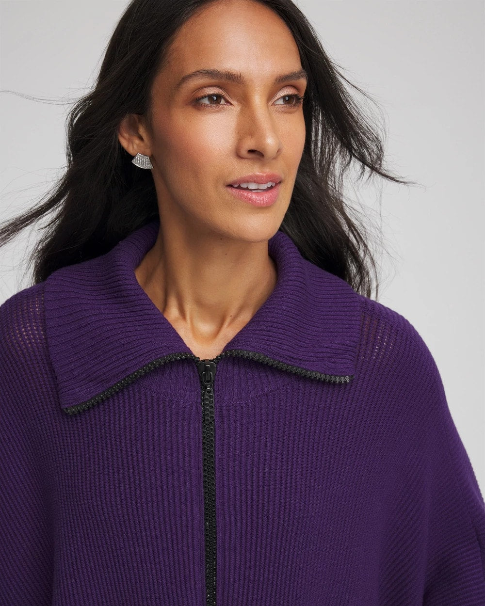 Purple Elixir Rhinestone Zip-Collar Sweater Poncho
