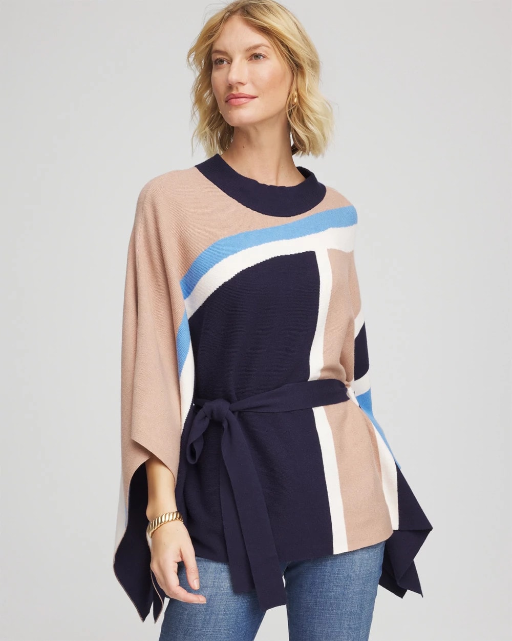 Passport Blue Belted Colorblock Poncho